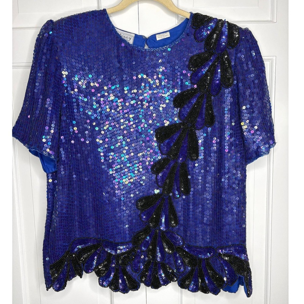 Vintage Stenay Sequin Beaded Top Blue‎ Black Art Deco Party Blouse 2X Plus Glam